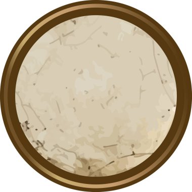 Ahşap bir yüzüğün içindeki kaba desenli parşömen rozeti, dairesel mühürlü grunge detayı. Antika, özgünlük, miras ve eski marka kimliğinin sembolü. Çizgi film vektör illüstrasyonu.