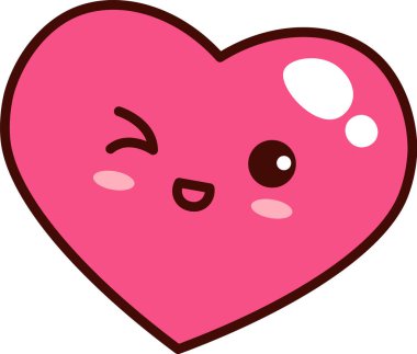 Göz kırpan, gülümseyen, kızaran, cesur hatları olan ve Kawaii çizgi filminde ışıldayan bir kalp karakteri. Aşkın, romantizmin, sevginin, pozitifliğin, selamlamanın ve kutlamanın sembolü. Çizgi film vektör illüstrasyonu.