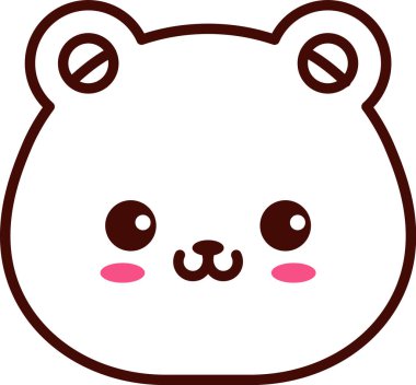 Yuvarlak ağızlı ayı yüzlü, parlak gözlü, allık yanaklı, ve temiz çizgi sanatında cesur hatlara sahip. Masumiyet sembolü, neşe, emoji havası ve dost canlısı marka maskotu. Çizgi film vektör illüstrasyonu.