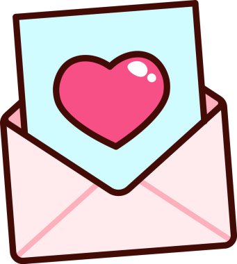 Zarfın içinde kocaman bir kalp ve kawaii titreşimli kalın bir taslak ve temiz şekilli bir tebrik kartı var. Aşk mesajının, romantizmin, sevginin, minnettarlığın ve bağlantının sembolü. Çizgi film vektör illüstrasyonu.