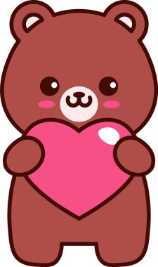 Çizgi film ayısı, yuvarlak şekilli, kalın hatlı ve parlak parlak ışıklı büyük bir kalp tutuyor. Sevgi, ilgi, romantizm, sevgi ve minnettarlığın sembolü. Çizgi film vektör illüstrasyonu.