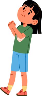 Ayaktayken el çırpan uzun saçlı bir kız, günlük kıyafet ve arkadaş canlısı poz, temiz çizgiler ve yumuşak gölgeleme. Övgü, alkış, onay, kutlama sembolü. Çizgi film vektör illüstrasyonu.