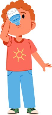 Çocuk bardaktan yudumluyor, güneş tişörtlü günlük kıyafetler, rahat bir poz. Susuzluk, sağlık, ferahlık, sağlık, günlük alışkanlık, kişisel bakım, yaz sıcağı kavramı. Çizgi film vektör illüstrasyonu.