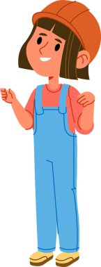 Kız inşaat işçisi, şapkalı ve kot pantolonlu mutlu gülüşlü yumruklar kaldırıyor, hatları temiz ve formda. Başarı, güç, kariyer başarısı ve işgücü gururu kavramı. Çizgi film vektör illüstrasyonu.