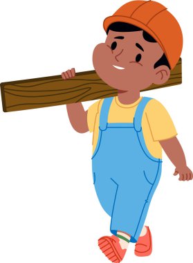 Kasketli ve tulumlu bir çocuk omzunda tahta tutarken yürüyor. İşçilik, öğrenme, inşaat, takım çalışması ve sorumluluğun sembolü. Çizgi film vektör illüstrasyonu.