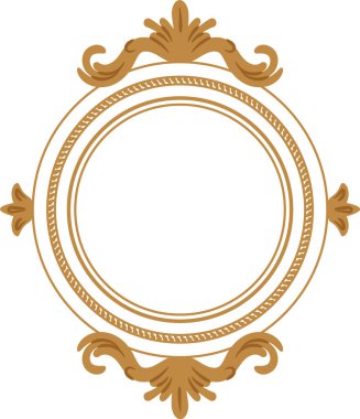 Yuvarlak çerçeveyi parşömen kağıdıyla süsleyin. Ortası boş, çizgili detaylar ve klasik kenar. Zarafetin, lüksün, sertifikanın, etiketin ve düğün monogramının sembolü. Çizgi film vektör illüstrasyonu.