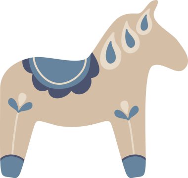 İskandinav halk motifli eyerli ve çiçekli at, temiz şekiller ve yumuşak kıvrımlar. Geleneğin, mirasın, zanaatın, kültürün ve dekorun sembolü. Çizgi film vektör illüstrasyonu.