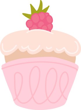 Üstünde ahududu ve yaprak detayı olan kremalı kremalı kek. Tatlılığın sembolü, tatlı aşermesi, pastane ziyafeti ve hoşgörü. Çizgi film vektör illüstrasyonu.