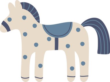 Noktalı gövdeli İskandinav atları, eyer motifli, dekoratif yeleli ve kuyruğu temiz şekilli. İskandinav midilli süsü miras, zanaat ve gelenek taşır. Çizgi film vektör illüstrasyonu.