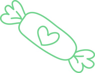 Wrapped candy with heart emblem drawn in smooth outline, skewed angle and loose strokes. Symbol of love, sweetness, gift, and gratitude for greeting and branding. Cartoon vector illustration.