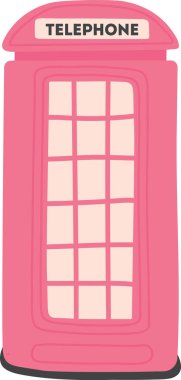 Telefon kulübesi pencere ızgarası, eğimli çatı, kalın etiket ve temiz hatlı. İletişim sembolü, nostalji, seyahat, bağlantı, şehir mirası. Çizgi film vektör illüstrasyonu.