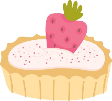 Krem şantili tart hamuru ve üzerine dilimlenmiş çilek serpilmiş temiz bir çizgi film çizimi. Tatlıya düşkünlük, pastane ziyafeti, tatlılık, kutlama. Çizgi film vektör illüstrasyonu.