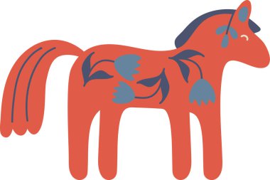 Yaprak ve çiçek süsü, yuvarlak vücut ve halk sanatı eserlerinde pürüzsüz kıvrımlar ile profilde duran at. Geleneğin, zanaatın, mirasın ve doğanın sembolü. Çizgi film vektör illüstrasyonu.