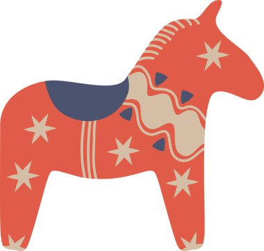 Dala at heykelciği, folklor desenli, dalgalı süs, ve temiz bir çizgi film çiziminde yıldız motifi. Dekor ve hatıra için gelenek, miras, zanaat ve kültürün sembolü. Çizgi film vektör illüstrasyonu.