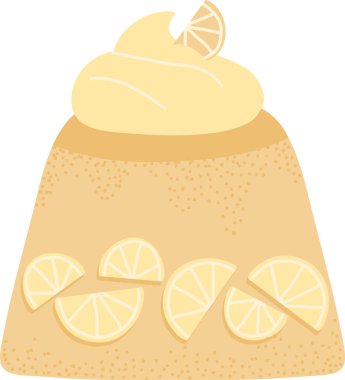 Üstü krema ve limon dilimli puding, tabanı narenciye dilimli ve yumuşak taneli desenli. Tatlı, tazelik ve tatlıya düşkünlük kavramı. Çizgi film vektör illüstrasyonu.