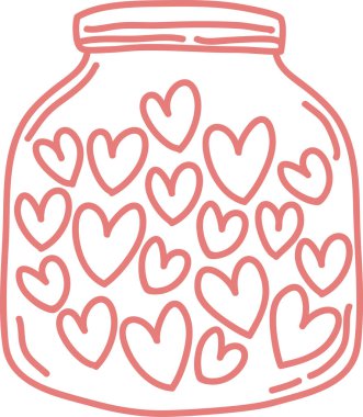 Mason kavanozu birden fazla kalp şekliyle dolu gevşek karalama çizgisi sanatı olarak çizilmiş. Aşkın sembolü, romantizm, minnettarlık ve sevgililer günü mesajları ve düğün hediyeleri. Çizgi film vektör illüstrasyonu.