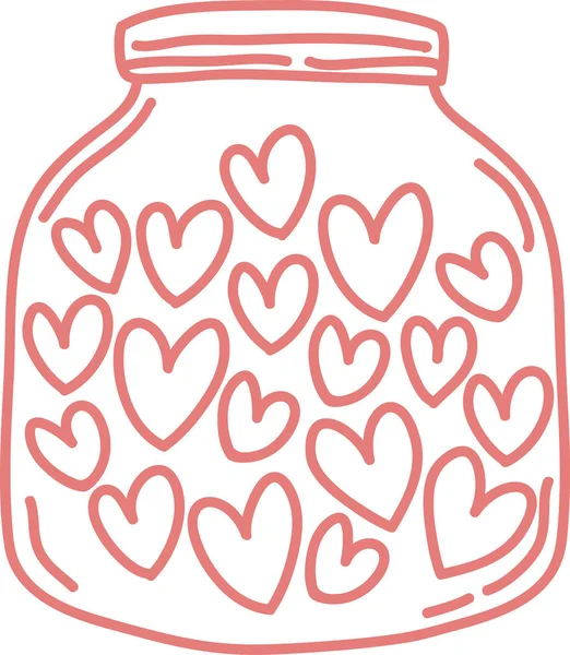 Mason kavanozu birden fazla kalp şekliyle dolu gevşek karalama çizgisi sanatı olarak çizilmiş. Aşkın sembolü, romantizm, minnettarlık ve sevgililer günü mesajları ve düğün hediyeleri. Çizgi film vektör illüstrasyonu.
