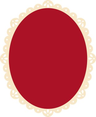 Süslenmiş dantel kenarı ve geniş kopya alanı ile süslü oval çerçeve. Zarafet, davetiye, rozet ve klasik cazibenin sembolü. Çizgi film vektör illüstrasyonu.