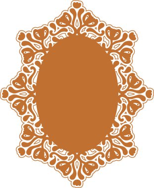 Süslü filigran kenarlı dekoratif oval çerçeve ve çiçek tomarı, simetrik ve zarif. Lüks, davetiye ve kart için klasik zarafet sembolü. Çizgi film vektör illüstrasyonu.