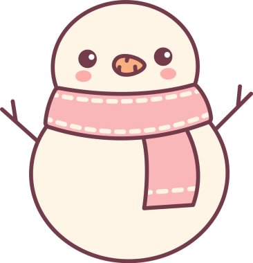 Eşarplı kardan adam, dal kollu, yuvarlak vücutlu, ve temiz çizgi filmdeki yüzü kızaran adam. Kış neşesinin, bayram sıcaklığının, kutlamanın ve çocukluk eğlencesinin sembolü. Çizgi film vektör illüstrasyonu.