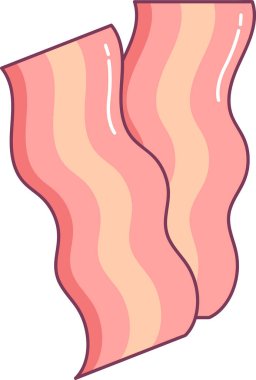 Domuz pastırması kıvrımlı, yağ lekeli ve parlak röfleli hatları temiz bir hatla çizer. Kahvaltı, konforlu yemek, hoşgörü ve aromanın sembolü. Çizgi film vektör illüstrasyonu.