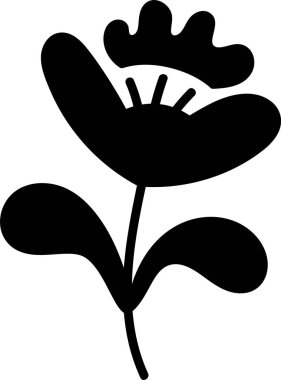 Çiçekler çiçek açar ve iki yaprak kalın bir siluet oluşturur. Büyümenin, doğanın ve markalaşma için zarafetin sembolü. Çizgi film vektör illüstrasyonu.