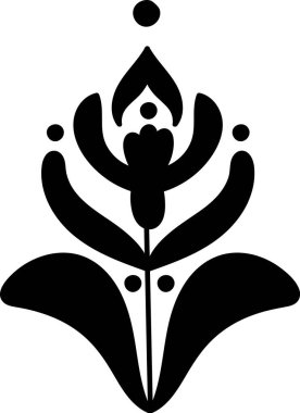 Simetrik taç yaprakları ve noktaları olan çiçek motifi bir halk süsü silueti oluşturuyor. Markalaşma ve dekorasyon için gelenek, miras ve doğa zarafetinin sembolü. Çizgi film vektör illüstrasyonu.