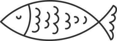 Gözü kapalı balık profili, kavisli pullar ve kalın vuruşlarla çizilmiş yüzgeç hatları. Deniz ürünlerinin, sadeliğin, tazeliğin ve doğanın sembolü. Çizgi film vektör illüstrasyonu.