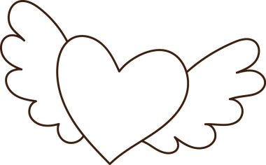 Temiz çizimde tüylü kanatlı kalp, pürüzsüz bir vuruş ve açık alan. Aşkın, özgürlüğün, romantizmin ve tebrik kartı ve düğün temasının sembolü. Çizgi film vektör illüstrasyonu.