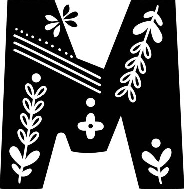 M harfi, İskandinav halk süsü, çiçek filizi, nokta aksanı ve kalın tipografik formda şerit motifli. Kalıtımın, doğanın ve uyumun sembolü, monogram için mükemmel. Çizgi film vektör illüstrasyonu.