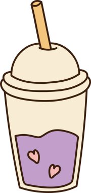 Kubbeli kapaklı ve samanlı milkshake bardağı, temiz çizgi sanatında bardak panelinde iki kalp şekilli smoothie. Tatlılığın, şekerin, sevginin, kafe havasının sembolü. Çizgi film vektör illüstrasyonu.