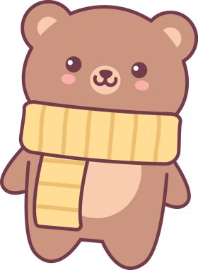 Ayı karakteri, uzun örülü bir eşarp ve yuvarlak şekillerle dimdik ayakta duruyor, kalın çizgilerle özetlenmiş. Sıcaklık, rahatlık, kış konforu ve dost canlısı maskot havası. Çizgi film vektör illüstrasyonu.