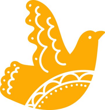 Kanat ve kuyruk desenli uçan kuş, kalın siluet ve süs kıvrımları. Özgürlüğün, barışın ve umudun sembolü, halk sanatları havası ve boho motifi. Çizgi film vektör illüstrasyonu.