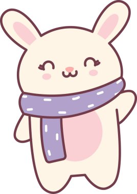 Tavşan karakteri el sallıyor, gözleri kapalı gülümsüyor, dikişli atkı, yuvarlak çizgiler ve yumuşak gölgeler. Sıcaklığın, kış sıcaklığının, nezaketin ve dostça selamlaşmanın sembolü. Çizgi film vektör illüstrasyonu.