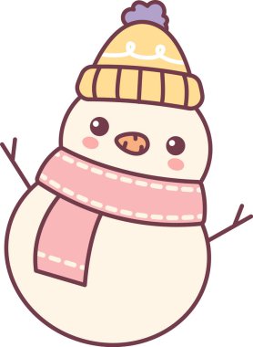 Örgü bereli, eşarplı, allık yanaklı ve ince dallı temiz bir taslak şeklinde sallanan bir kardan adam. Bayram neşesinin, sıcaklığın ve bayram mesajları için mevsimsel selamlaşmanın sembolü. Çizgi film vektör illüstrasyonu.