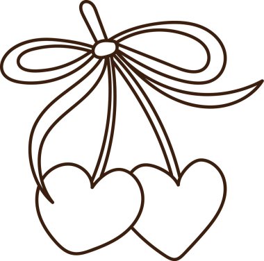 İki kalp meyvesi eğri bir sapta asılı, fiyonkla bağlanmış, temiz çizgi sanatı olarak çizilmiş. Aşkın sembolü, romantizm, çift bağı, ve evlilik ya da sevgililer günü dekoru için birlik. Çizgi film vektör illüstrasyonu.