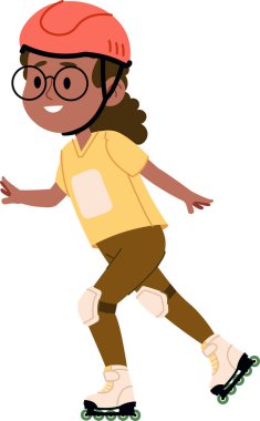 Kask, dizlik ve dirsek yastığı takan, süzülürken gülümseyen bir kız. Gençlik aktiviteleri için spor, güven ve koruma kavramı. Çizgi film vektör illüstrasyonu.