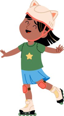 Kolları açık kayan, emniyet kaskı takan, dizlik takan ve etek giyen kendine güvenen bir kız. Çocukluk sevincinin, aktif yaşam tarzının, dengenin ve eğlencenin sembolü. Çizgi film vektör illüstrasyonu.