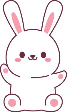 Tavşan karakteri kaldırılmış pençe, yuvarlak vücut, büyük kulak, kızarık yanak ve yumuşak hatlarla el sallıyor. Dostluğun, hoş geldin, neşe, selamlama ve çocuk cazibesinin sembolü. Çizgi film vektör illüstrasyonu.