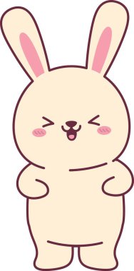 Tombul tavşan karakteri, gözleri kapalıyken güler, yanakları kızarır, kulakları uzundur ve vücudu yuvarlaktır. Neşenin, mutluluğun, pozitifliğin, çocuk mizahının sembolü. Çizgi film vektör illüstrasyonu.