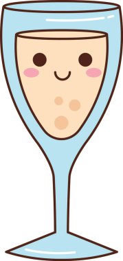 Şampanya şişme suratlı, yuvarlak gözlü, allık yanaklı ve temiz hatlı. Kutlama, parti, neşe ve köpüklü tost konsepti. Çizgi film vektör illüstrasyonu.