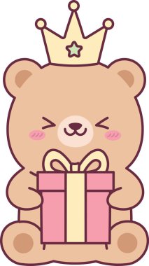 Taç kucaklama hediye kutulu ayı, kurdeleli ve kızartılmış tombul kawaii karakteri, hatları temiz. Kutlama, ödül, kraliyet, doğum günü dileği, minnettarlık sembolü. Çizgi film vektör illüstrasyonu.