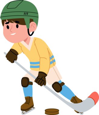 Kasklı hokey oyuncusunun elinde sopa olur, diske nişan alır, pedleri ve patenleri temiz şekildedir. Takım çalışmasının, spor ruhunun, rekabetin sembolü. Çizgi film vektör illüstrasyonu.