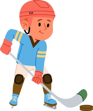 Kasklı bir hokey oyuncusu ve salıncaklar diske, dinamik duruşa ve temiz çizgilere yapışır. Spor, rekabet, eğitim, gençlik hareketi ve hedef arayışı sembolü. Çizgi film vektör illüstrasyonu.