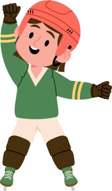 Kasklı ve pedallı bir hokey oyuncusu zafer pozunda yumruğunu kaldırıp patenle gülümsüyor. Başarının, zaferin ve spor başarısı için takım ruhunun sembolü. Çizgi film vektör illüstrasyonu.