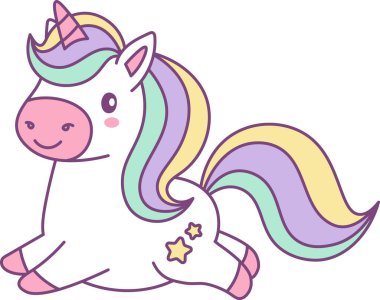 Tek boynuzlu at yıldız işareti, tombul vücut ve kawaii çizgi filminde akan yeleyle dört nala koşuyor. Sihrin, fantezinin, merakın, neşenin ve hayal gücünün sembolü. Çizgi film vektör illüstrasyonu.