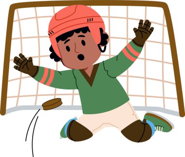 Kask giyen kaleci kalenin önünde dalarken puck da hareketli bir yüz ve hareketli bir poz takınıyor. Başarısızlık, hata, baskı, yenilgi ve meydan okuma kavramı. Çizgi film vektör illüstrasyonu.