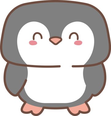 Penguen piliç gözleri kapalı, vücudu yuvarlak, yanakları kızarık ve çizgi filmdeki cesur hatlarıyla ayakta duruyor. Sıcaklığın, dostluğun, kış neşesinin ve çocuksu cazibenin sembolü. Çizgi film vektör illüstrasyonu.