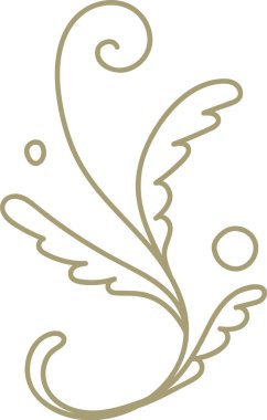 Saç kıvırma tomarı, yaprak tüyü ve düzgün bir darbeyle çizilmiş noktalar. Marka ve düğün kırtasiyesi için zarafet, lüks ve dekorasyonun sembolü. Çizgi film vektör illüstrasyonu.