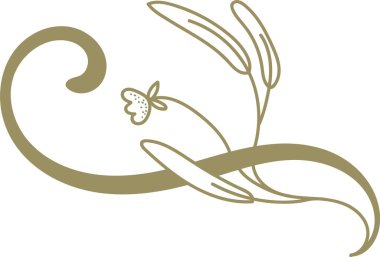 Flourish küçük bir çiçeğin etrafında kıvrılır ve uzun yapraklı temiz bir çizgi çizer. Davetiyeler ve markalar için zarafet, büyüme ve doğa aksanının sembolü. Çizgi film vektör illüstrasyonu.